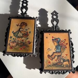 Vintage Hummel Style Wall Plaques Cast Iron Frames Set of 2